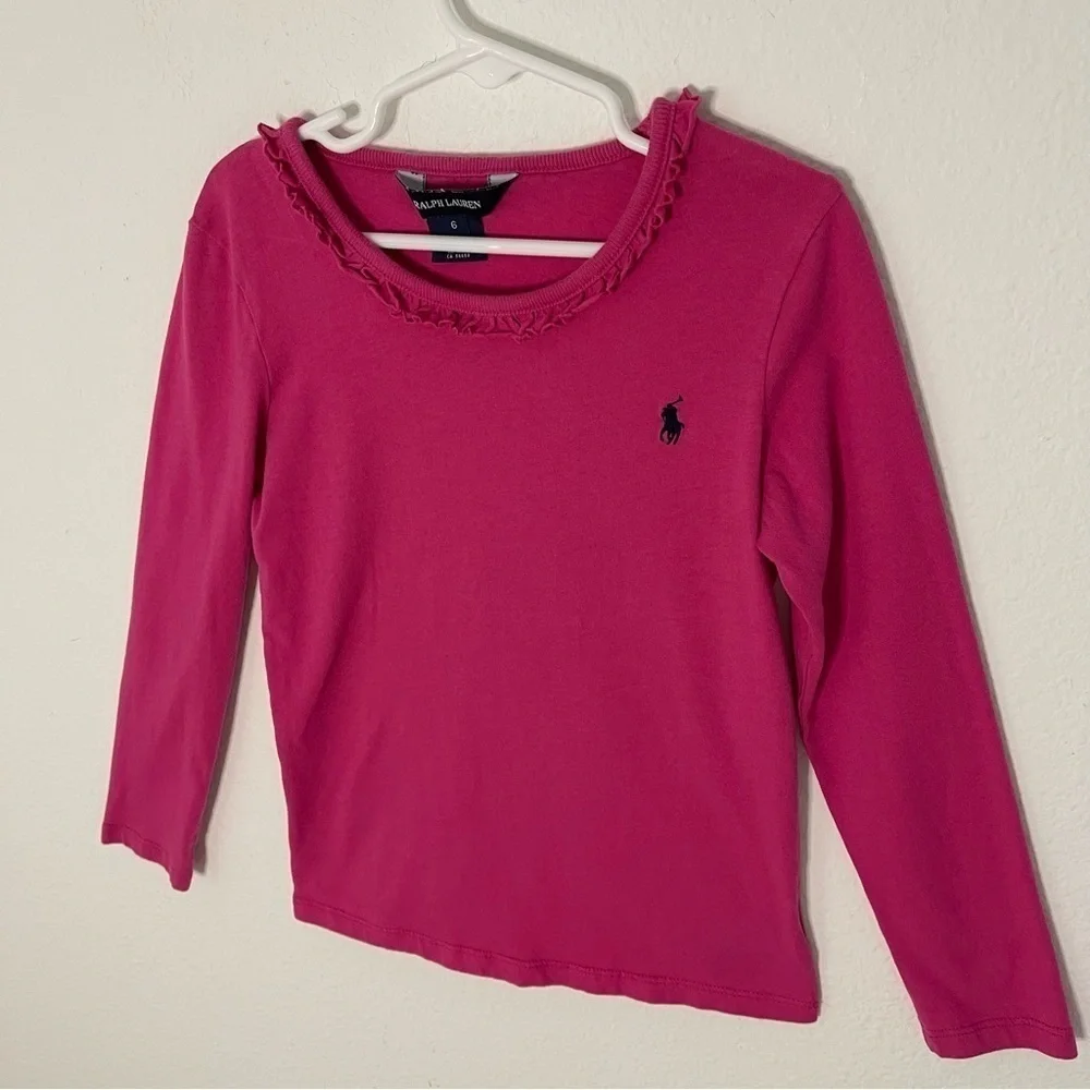 Ralph Lauren girls ruffled neck hot pink long sleeve tshirt size 6